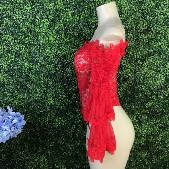 Red off shoulder bell sleeve lacey sheer bodysuit nwt - Picture 4 of 10